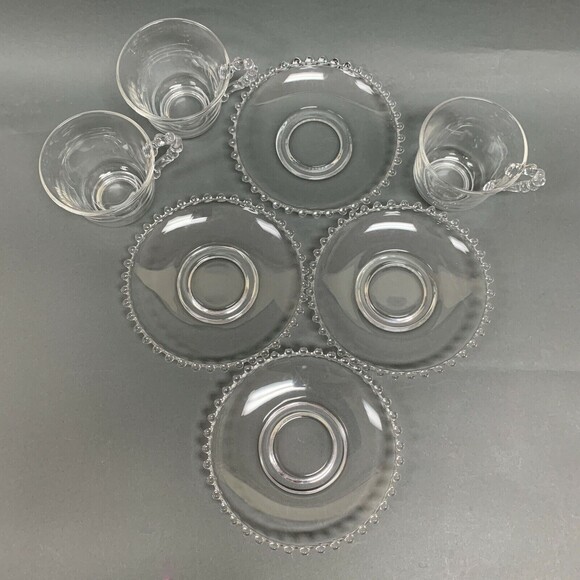 Ohio Imperial Glass Cups and Saucers Clear Beaded Candlewick Lot of 7 - Picture 4 of 6